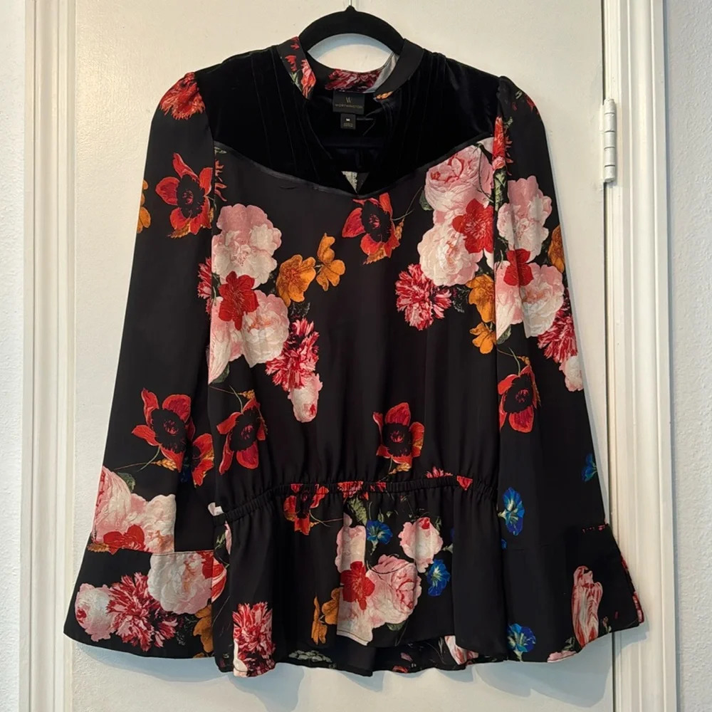 Floral Sheer & Velvet Worthington Blouse with Elastic Waist Size Medium